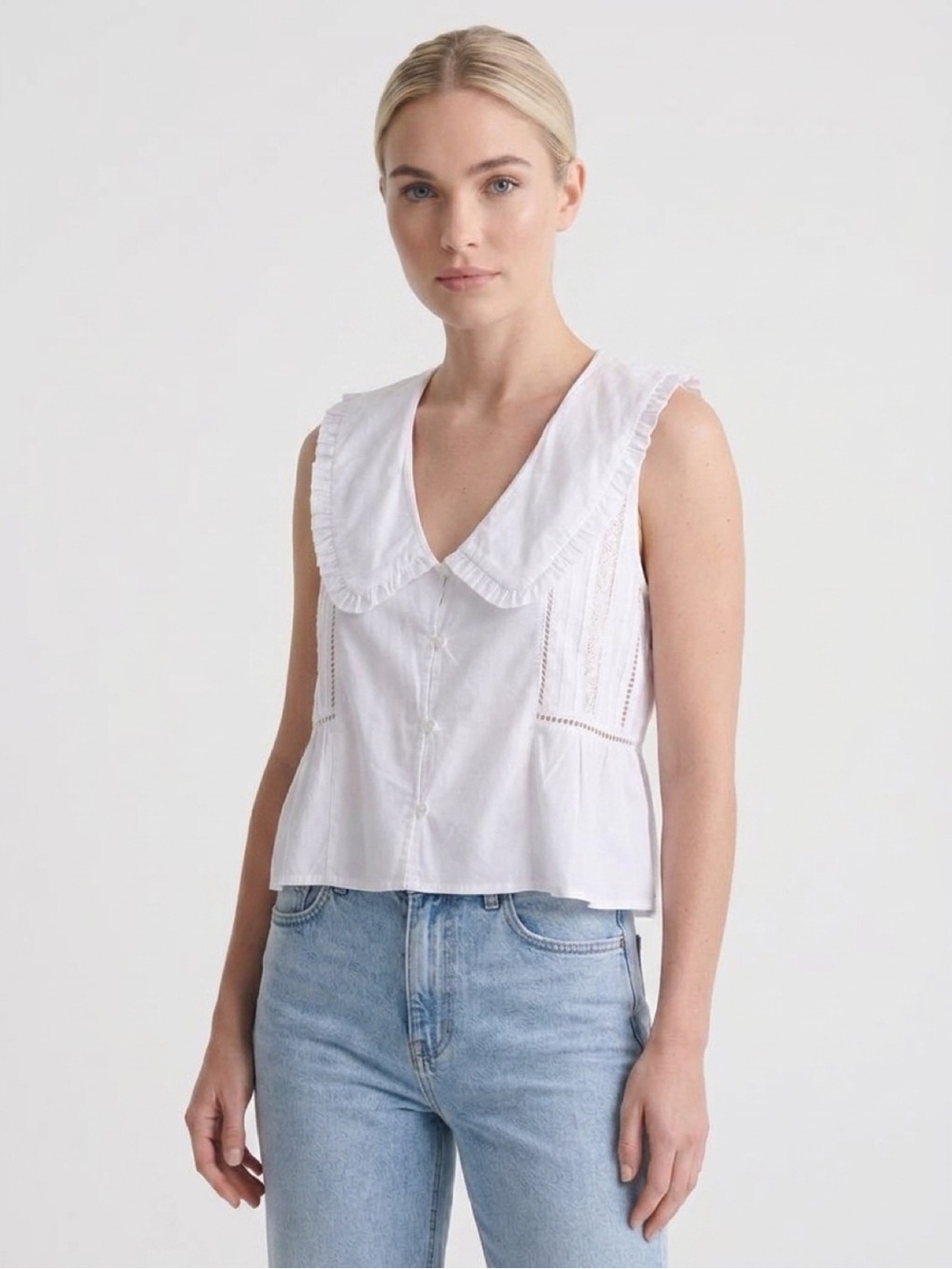 Nordstrom Vigoss White Sleeveless Ruffle-Collar Button Front Top NWOT MSRP:$49